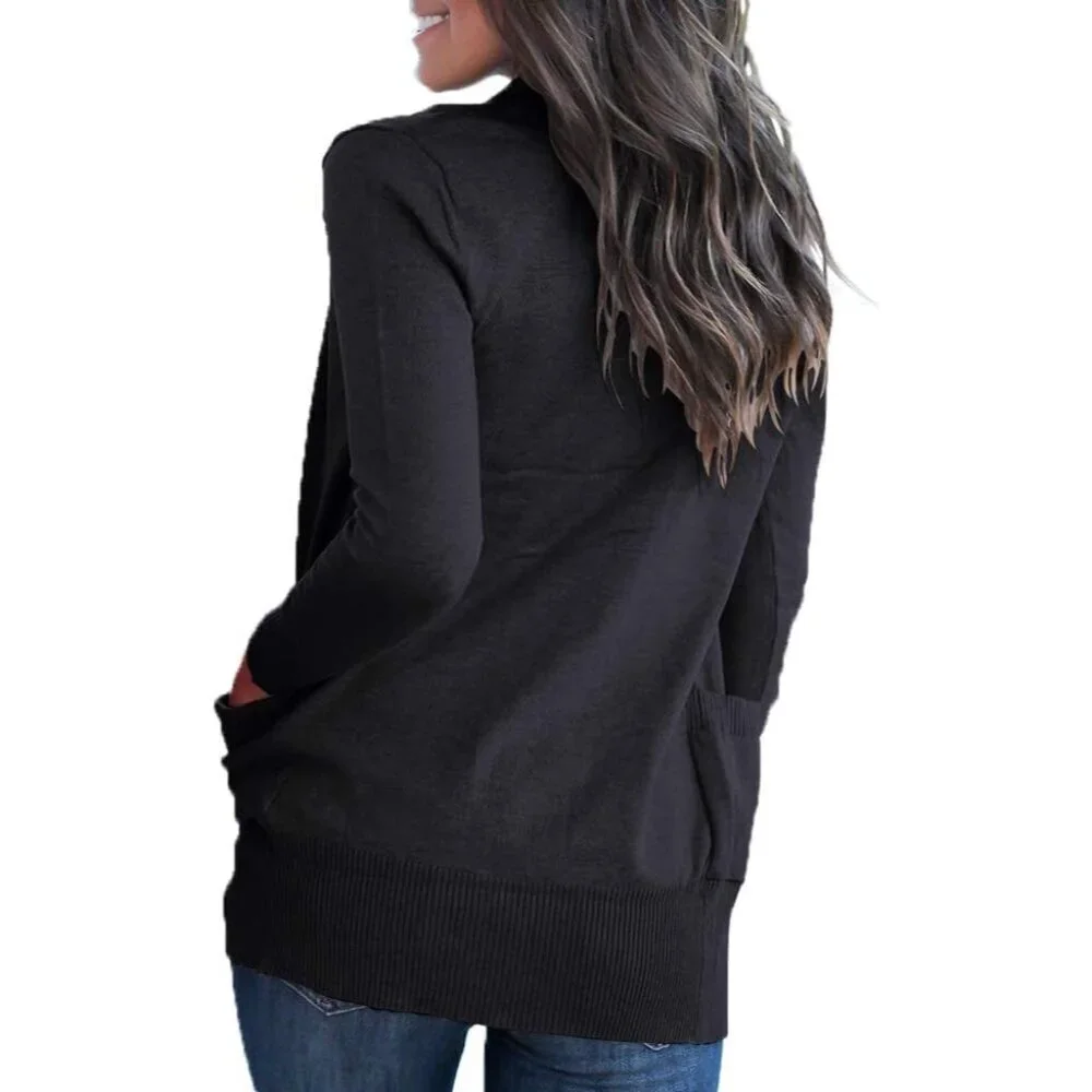 Women's Knit Cardigan Black Long Sleeve Pockets Casual Fall Winter